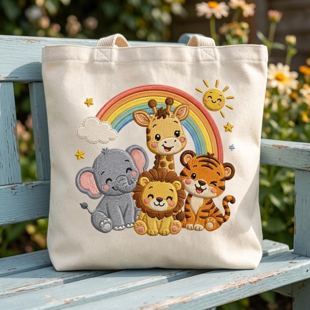 Cute Safari Animals Embroidery Design with Rainbow, Lion Elephant Giraffe Tiger Machine Embroidery File, 5 sizes, Digital Download - image 7