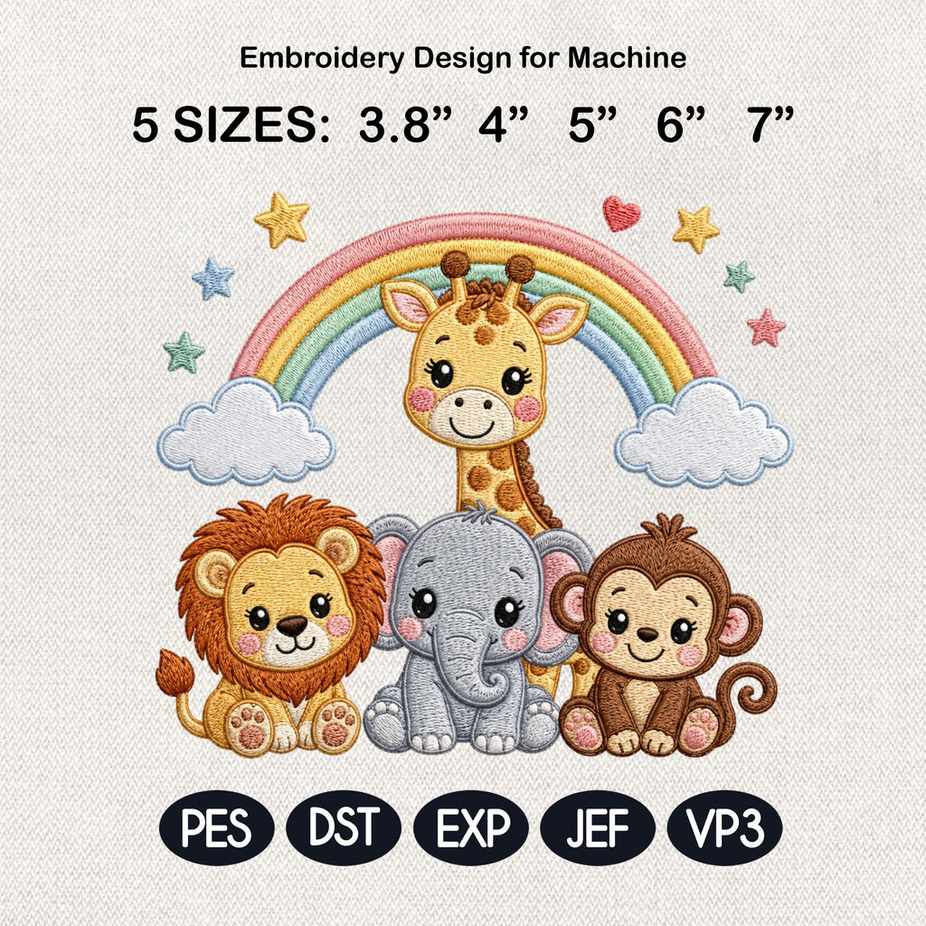 Safari Animals Rainbow Embroidery Design, Lion Elephant Giraffe Monkey Machine Embroidery File, 5 sizes, Digital Download