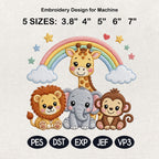Safari Animals Rainbow Embroidery Design, Lion Elephant Giraffe Monkey Machine Embroidery File, 5 sizes, Digital Download