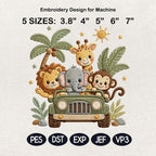 Cute Safari Jeep Embroidery Design, Lion Elephant Giraffe Monkey Jungle Animals Machine Embroidery File, 5 sizes, Digital Download