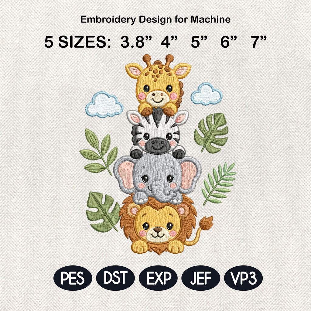 Stacked Safari Animals Embroidery Design, Lion Elephant Zebra Giraffe Machine Embroidery File, 5 sizes, Digital Download