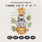 Stacked Safari Animals Embroidery Design, Lion Elephant Zebra Giraffe Machine Embroidery File, 5 sizes, Digital Download