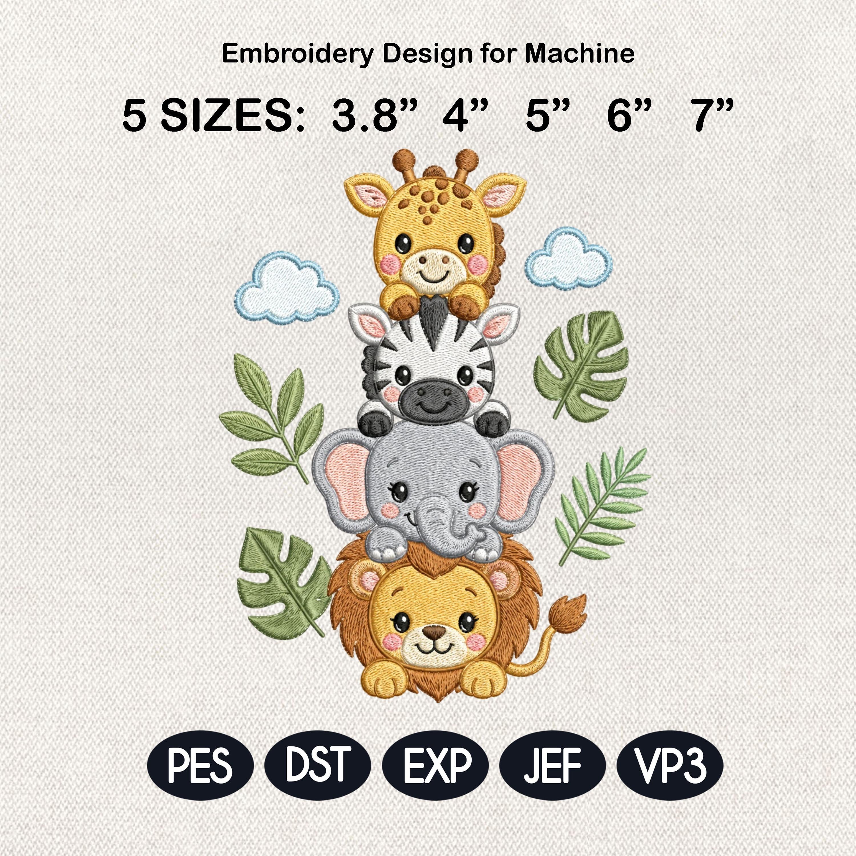 Stacked Safari Animals Embroidery Design, Lion Elephant Zebra Giraffe Machine Embroidery File, 5 sizes, Digital Download
