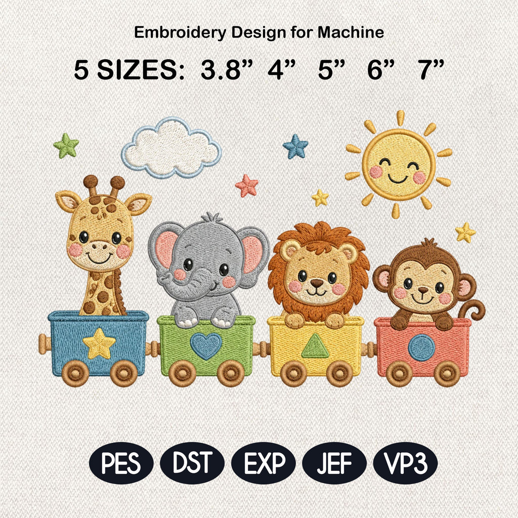 Safari Animal Train Embroidery Design, Giraffe Elephant Lion Monkey Baby Machine Embroidery File, 5 sizes, Digital Download