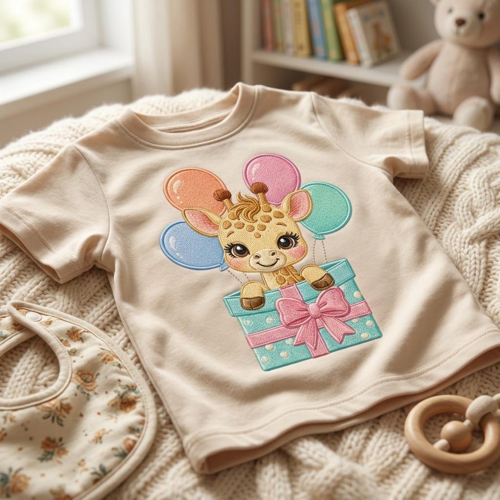 Giraffe in Gift Box Embroidery Design, Kawaii Safari Animal, Cute Balloon Design, Baby Shower Machine Embroidery, 5 sizes, Digital Download - image 3