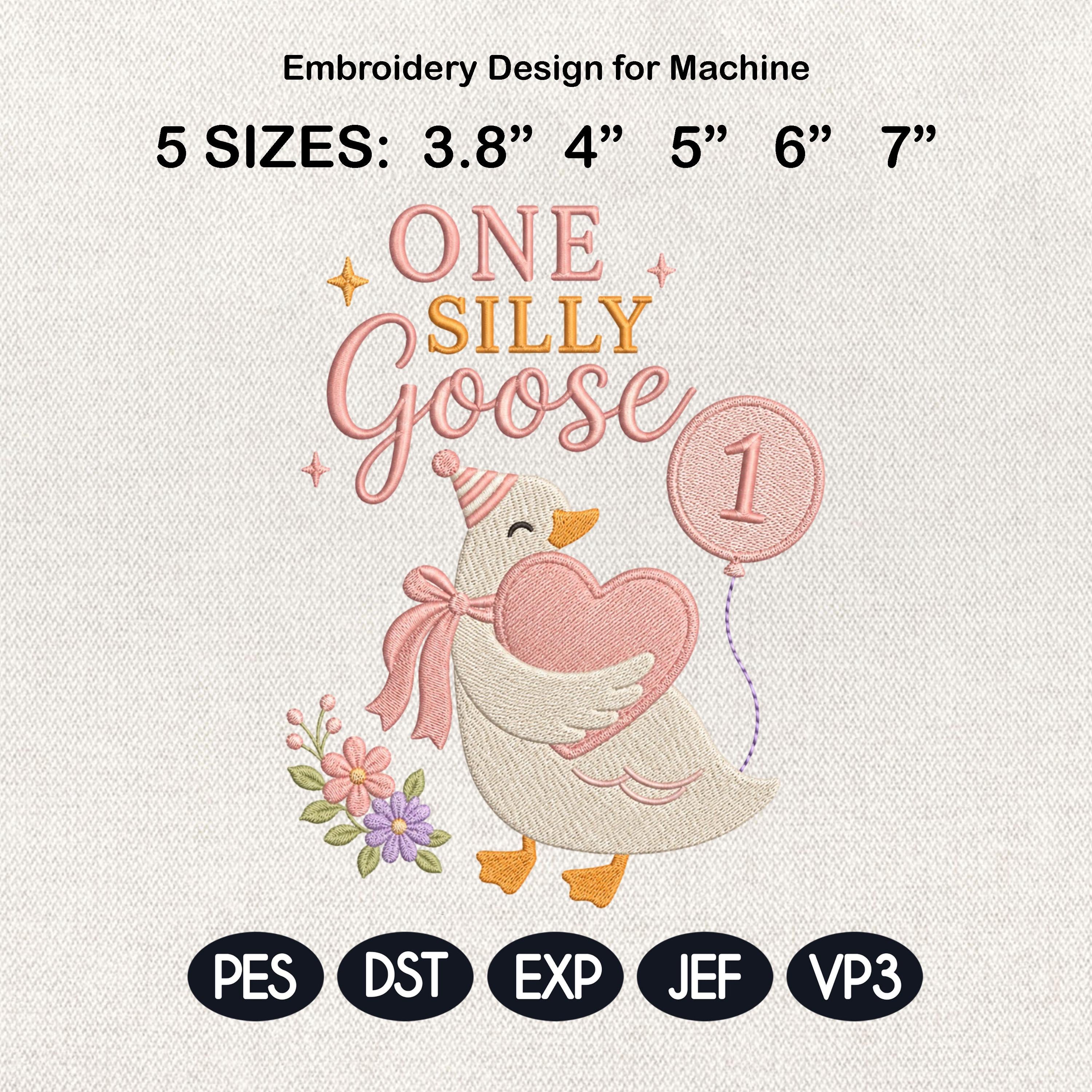 One Silly Goose Embroidery Design, Birthday Balloon Machine Stitch, Baby Goose Digital File, Silly Goose Pattern, 5 sizes, Digital Download