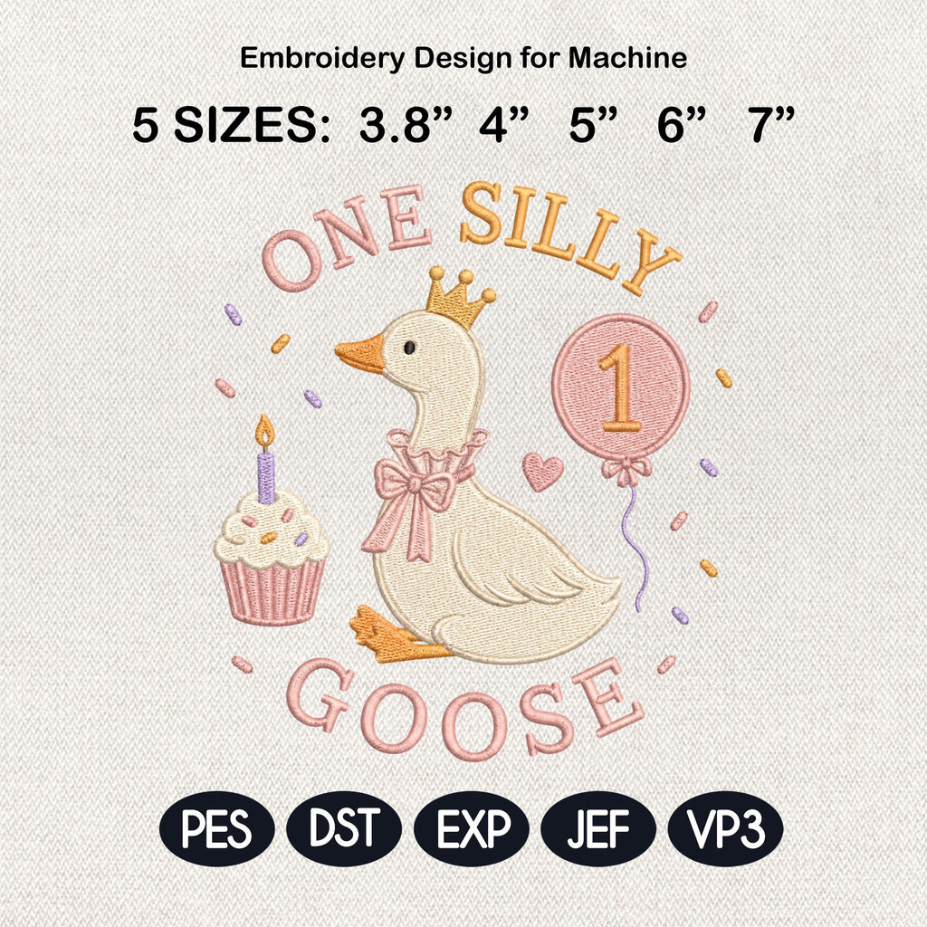 Cute Birthday Goose Embroidery, One Silly Goose Machine Stitch File, Balloon Embroidery Pattern, Baby Goose File, 5 sizes, Digital Download