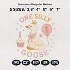 Cute Birthday Goose Embroidery, One Silly Goose Machine Stitch File, Balloon Embroidery Pattern, Baby Goose File, 5 sizes, Digital Download