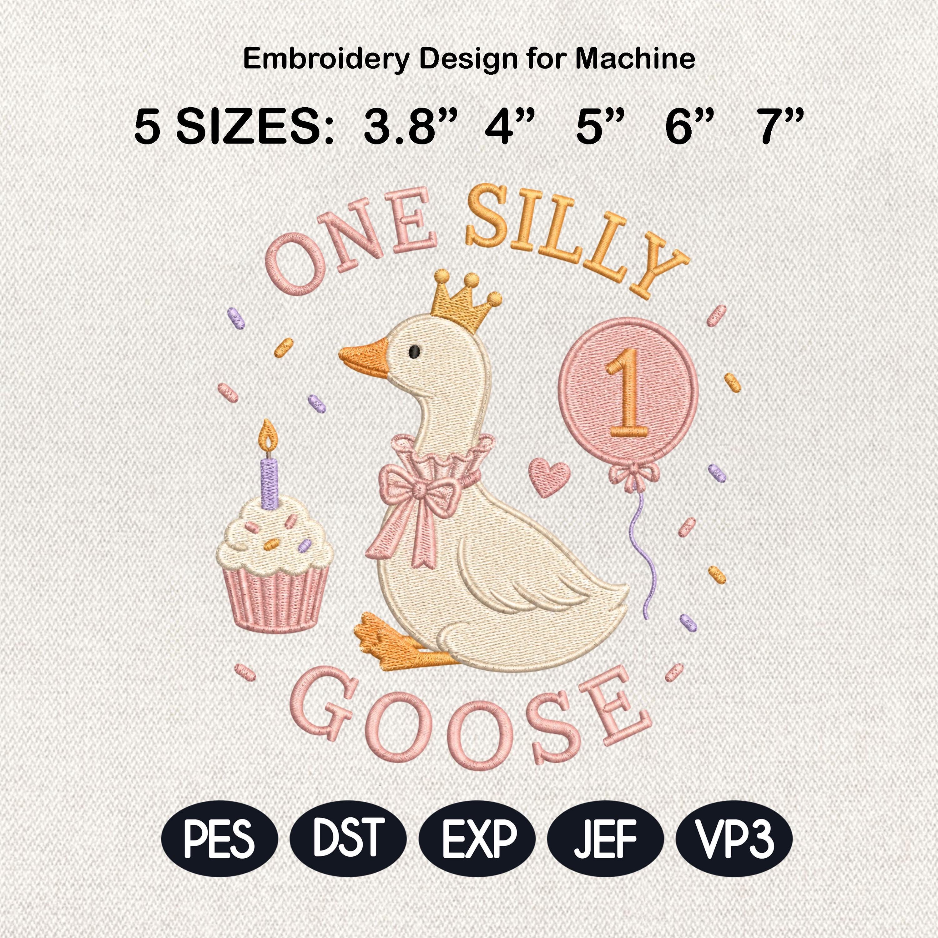 Cute Birthday Goose Embroidery, One Silly Goose Machine Stitch File, Balloon Embroidery Pattern, Baby Goose File, 5 sizes, Digital Download