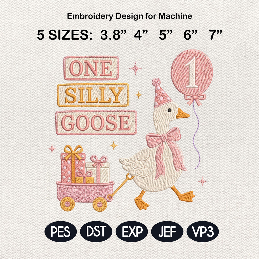 One Silly Goose Balloon Embroidery, Baby Goose Birthday Machine Stitch, Goose Pattern, 5 sizes, Digital Download