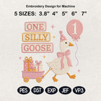 One Silly Goose Balloon Embroidery, Baby Goose Birthday Machine Stitch, Goose Pattern, 5 sizes, Digital Download