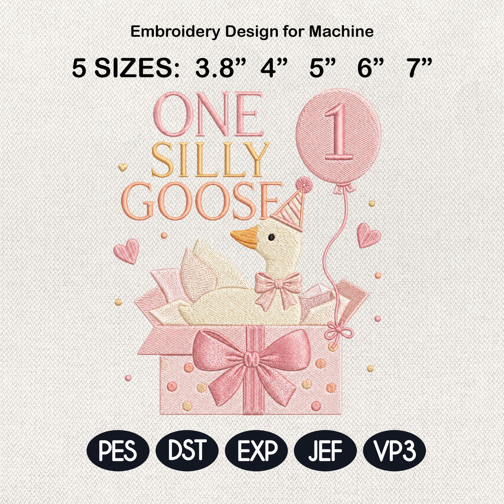 Baby Goose Embroidery Design, One Silly Goose Birthday Balloon, Machine Stitch Digital File, Cute Goose Pattern, 5 sizes, Digital Download