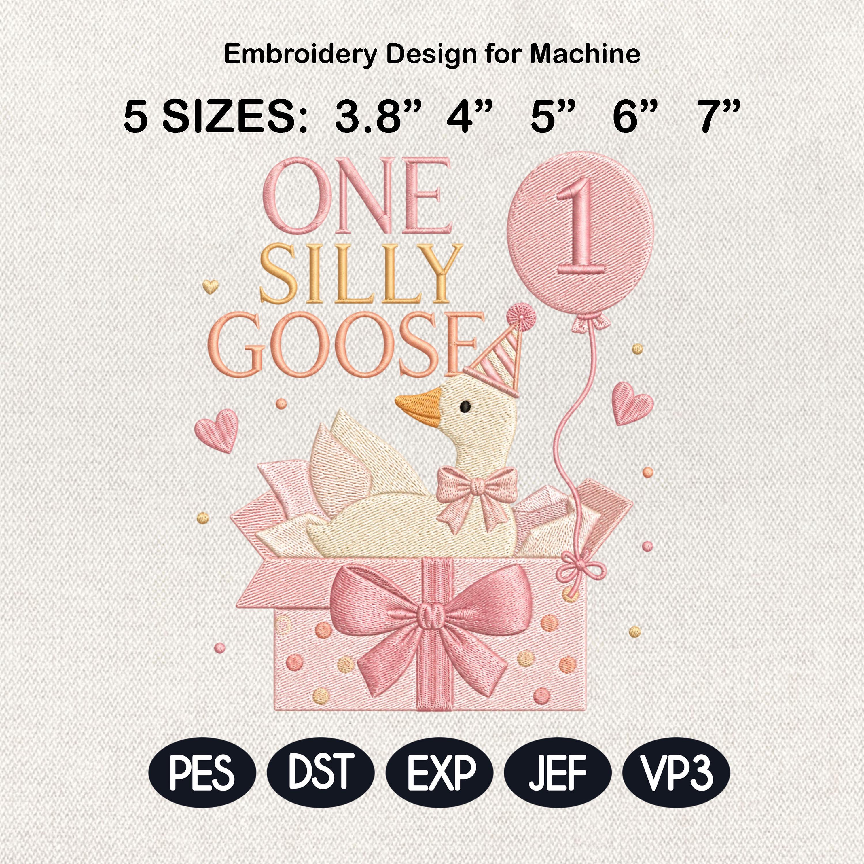 Baby Goose Embroidery Design, One Silly Goose Birthday Balloon, Machine Stitch Digital File, Cute Goose Pattern, 5 sizes, Digital Download