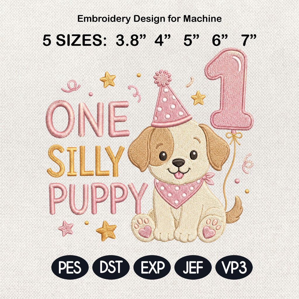 One Silly Puppy Embroidery Design, Birthday Balloon Puppy, Baby Puppy Digital File, Cute Puppy Machine Stitch, 5 sizes, Digital Download