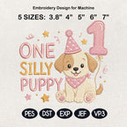 One Silly Puppy Embroidery Design, Birthday Balloon Puppy, Baby Puppy Digital File, Cute Puppy Machine Stitch, 5 sizes, Digital Download