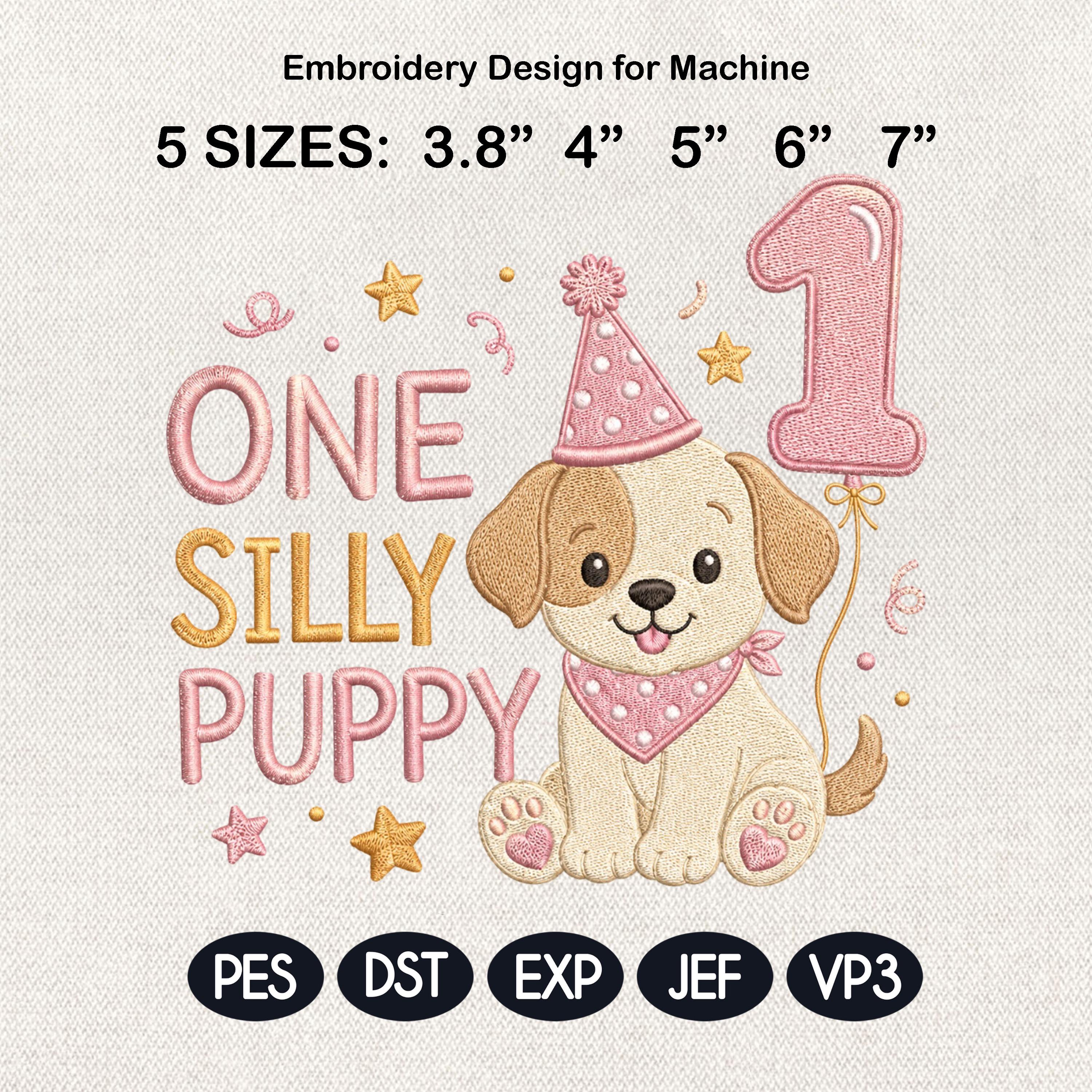 One Silly Puppy Embroidery Design, Birthday Balloon Puppy, Baby Puppy Digital File, Cute Puppy Machine Stitch, 5 sizes, Digital Download