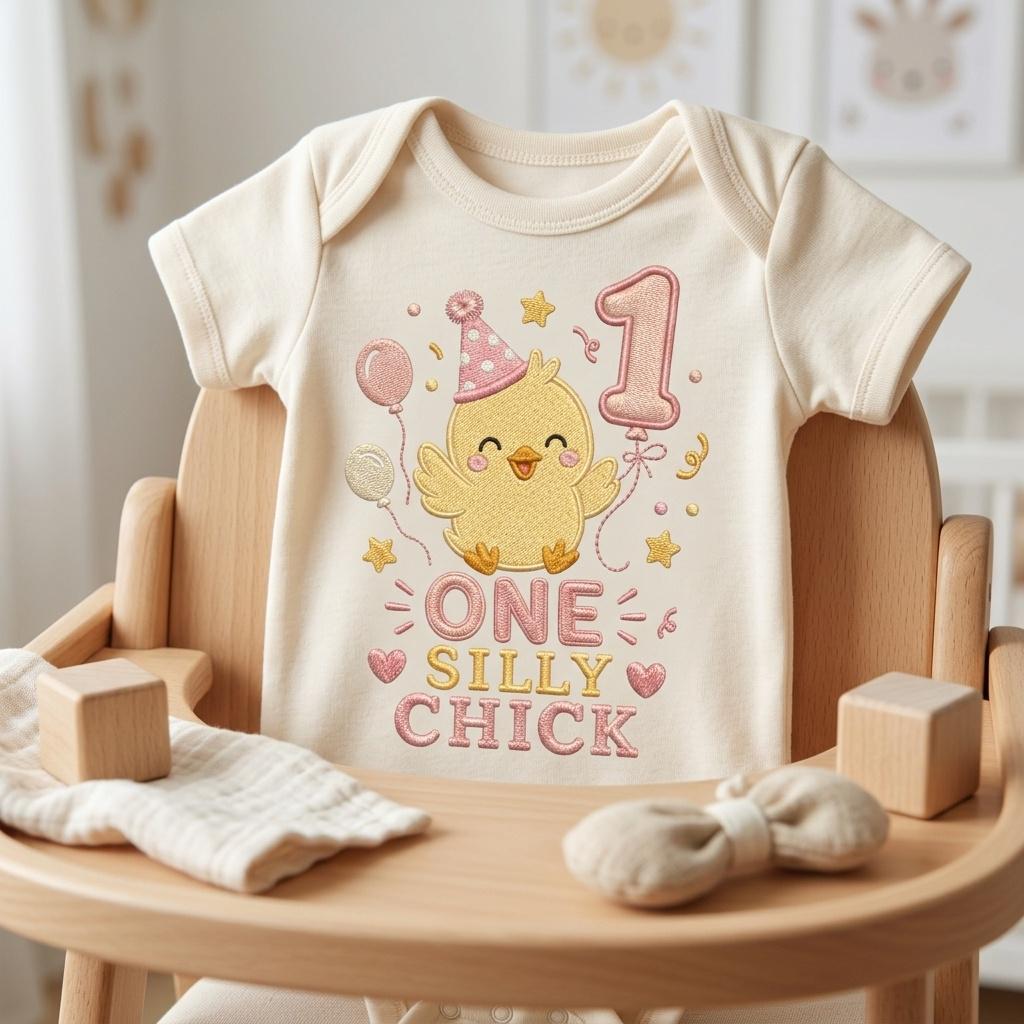 One Silly Chick Embroidery Design, Birthday Balloon Chick, Baby Chick Digital File, Cute Chick Machine Stitch, 5 sizes, Digital Download - image 3