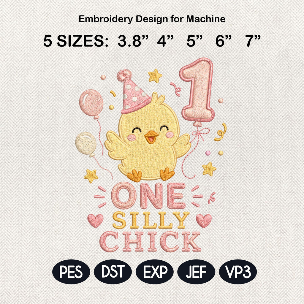 One Silly Chick Embroidery Design, Birthday Balloon Chick, Baby Chick Digital File, Cute Chick Machine Stitch, 5 sizes, Digital Download
