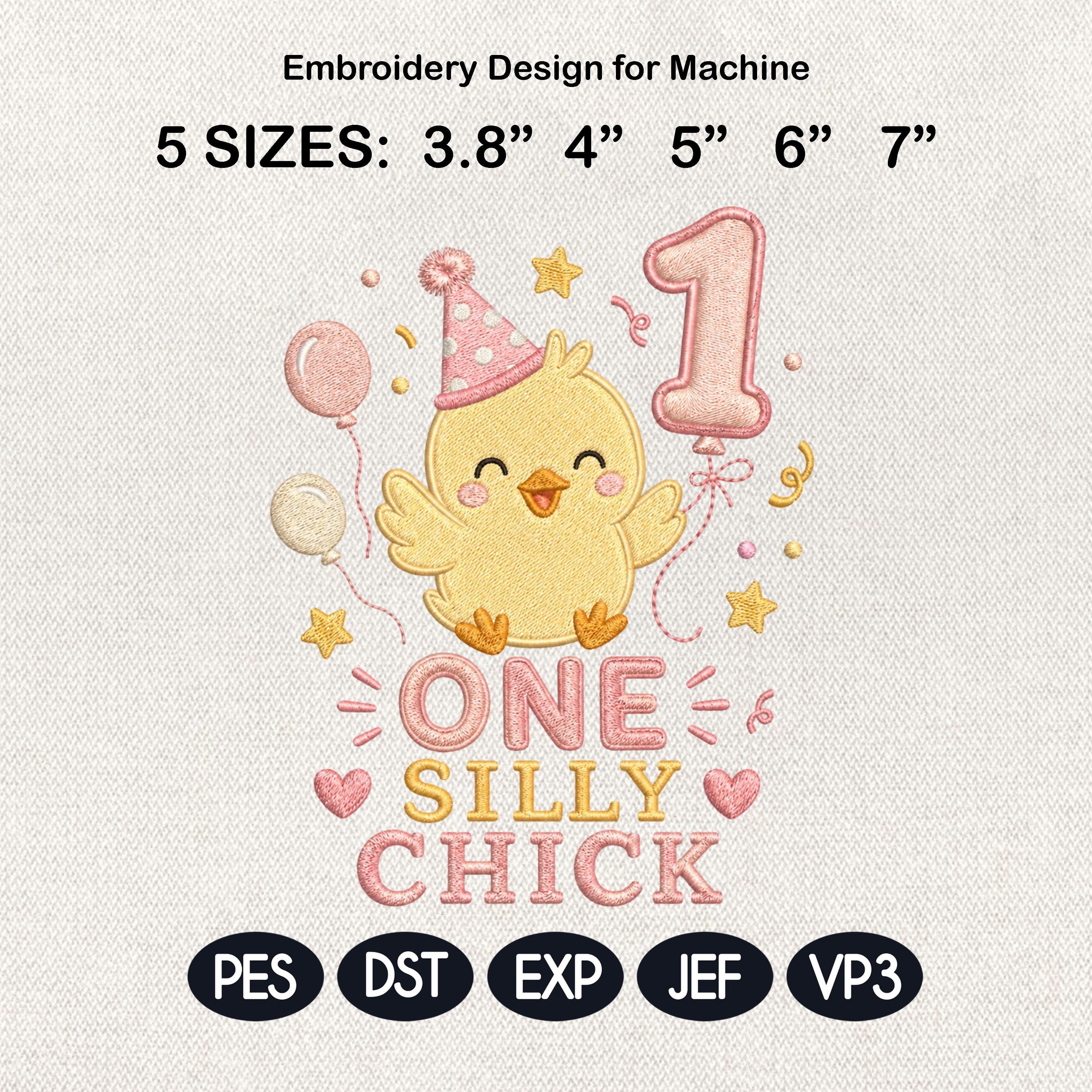 One Silly Chick Embroidery Design, Birthday Balloon Chick, Baby Chick Digital File, Cute Chick Machine Stitch, 5 sizes, Digital Download