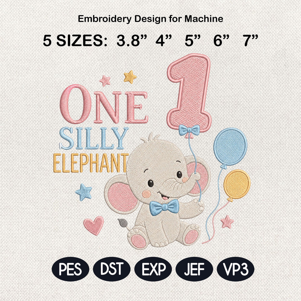 One Silly Elephant Embroidery Design, Birthday Balloon Elephant, Baby Elephant Digital File, Cute Elephant Stitch, 5 sizes, Digital Download