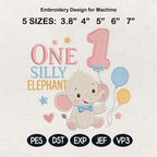 One Silly Elephant Embroidery Design, Birthday Balloon Elephant, Baby Elephant Digital File, Cute Elephant Stitch, 5 sizes, Digital Download