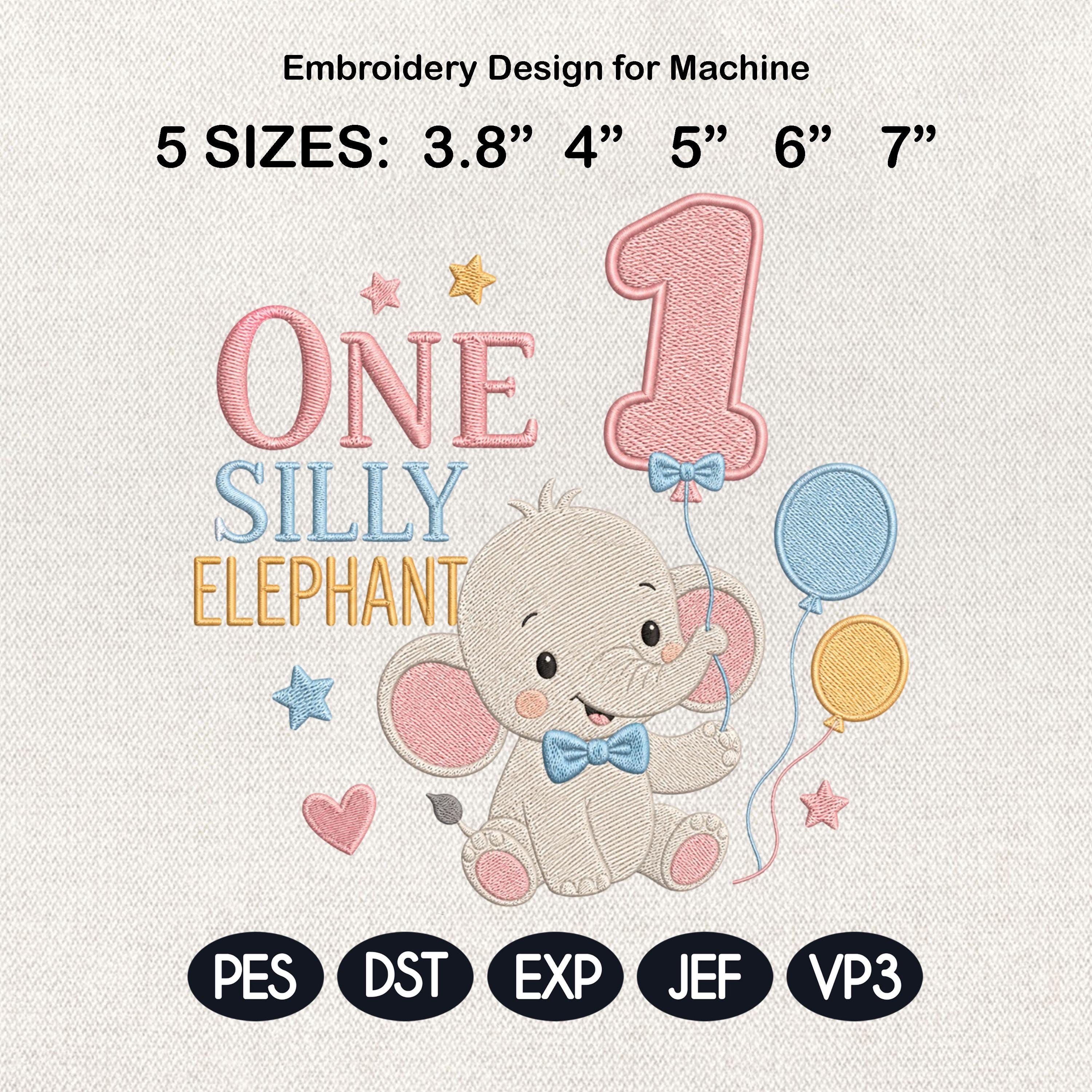 One Silly Elephant Embroidery Design, Birthday Balloon Elephant, Baby Elephant Digital File, Cute Elephant Stitch, 5 sizes, Digital Download