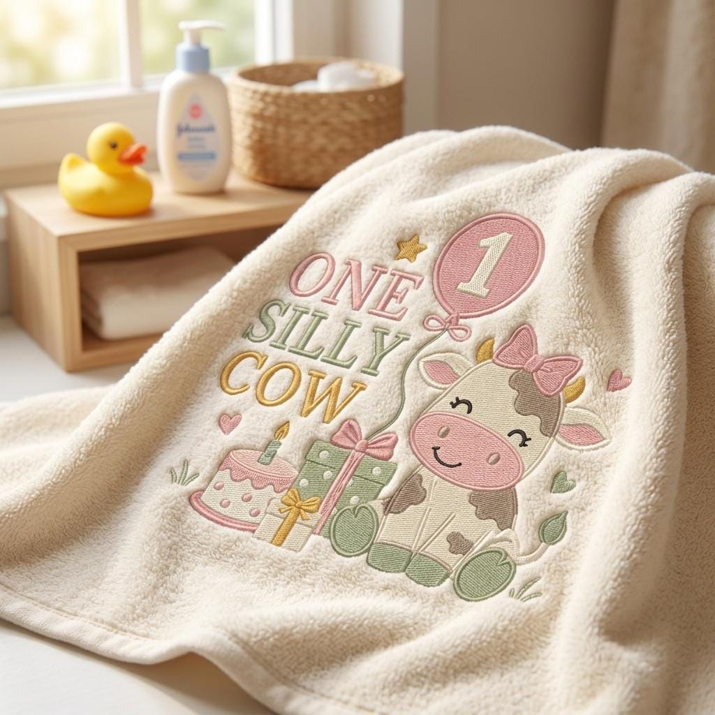 One Silly Cow Embroidery Design, Birthday Balloon Cow, Baby Cow Digital File, Cute Cow Machine Stitch Pattern, 5 sizes, Digital Download - image 6