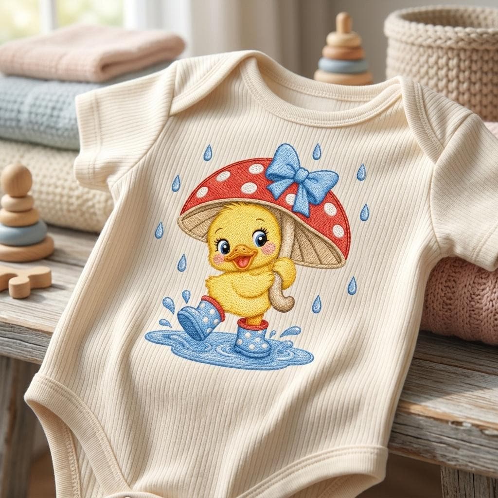 Happy Baby Duck Embroidery Pattern, Duckling in Mushroom Hat, Rainy Day Nursery Animal Stitch, Machine Embroidery, 5 sizes, Digital Download - image 3