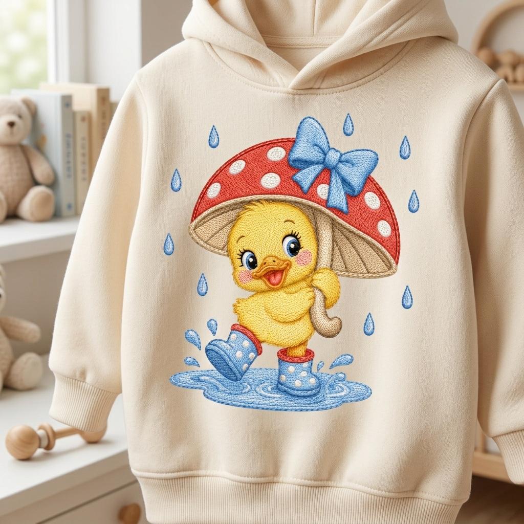 Happy Baby Duck Embroidery Pattern, Duckling in Mushroom Hat, Rainy Day Nursery Animal Stitch, Machine Embroidery, 5 sizes, Digital Download - image 4