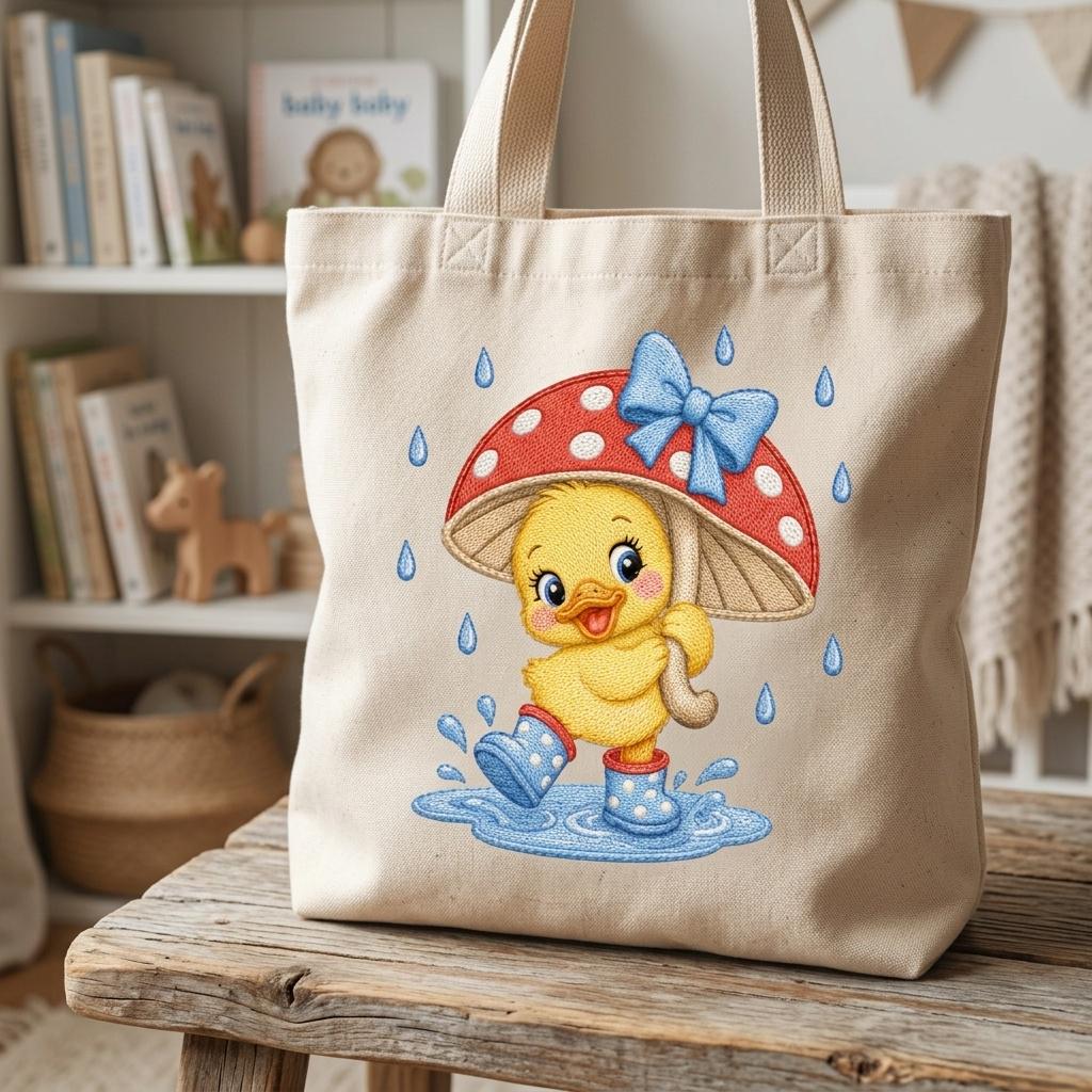 Happy Baby Duck Embroidery Pattern, Duckling in Mushroom Hat, Rainy Day Nursery Animal Stitch, Machine Embroidery, 5 sizes, Digital Download - image 7