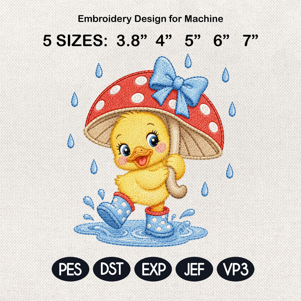 Happy Baby Duck Embroidery Pattern, Duckling in Mushroom Hat, Rainy Day Nursery Animal Stitch, Machine Embroidery, 5 sizes, Digital Download
