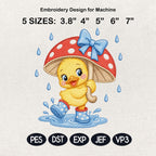 Happy Baby Duck Embroidery Pattern, Duckling in Mushroom Hat, Rainy Day Nursery Animal Stitch, Machine Embroidery, 5 sizes, Digital Download