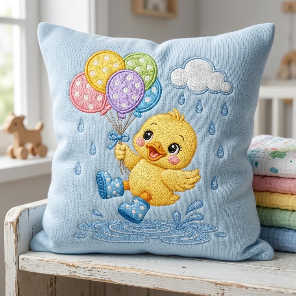 Rainbow Baby Duck Embroidery File, Duckling with Balloons and Rain Boots, Nursery Animal Stitch Pattern, 5 sizes, Digital Download - image 4