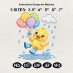 Rainbow Baby Duck Embroidery File, Duckling with Balloons and Rain Boots, Nursery Animal Stitch Pattern, 5 sizes, Digital Download