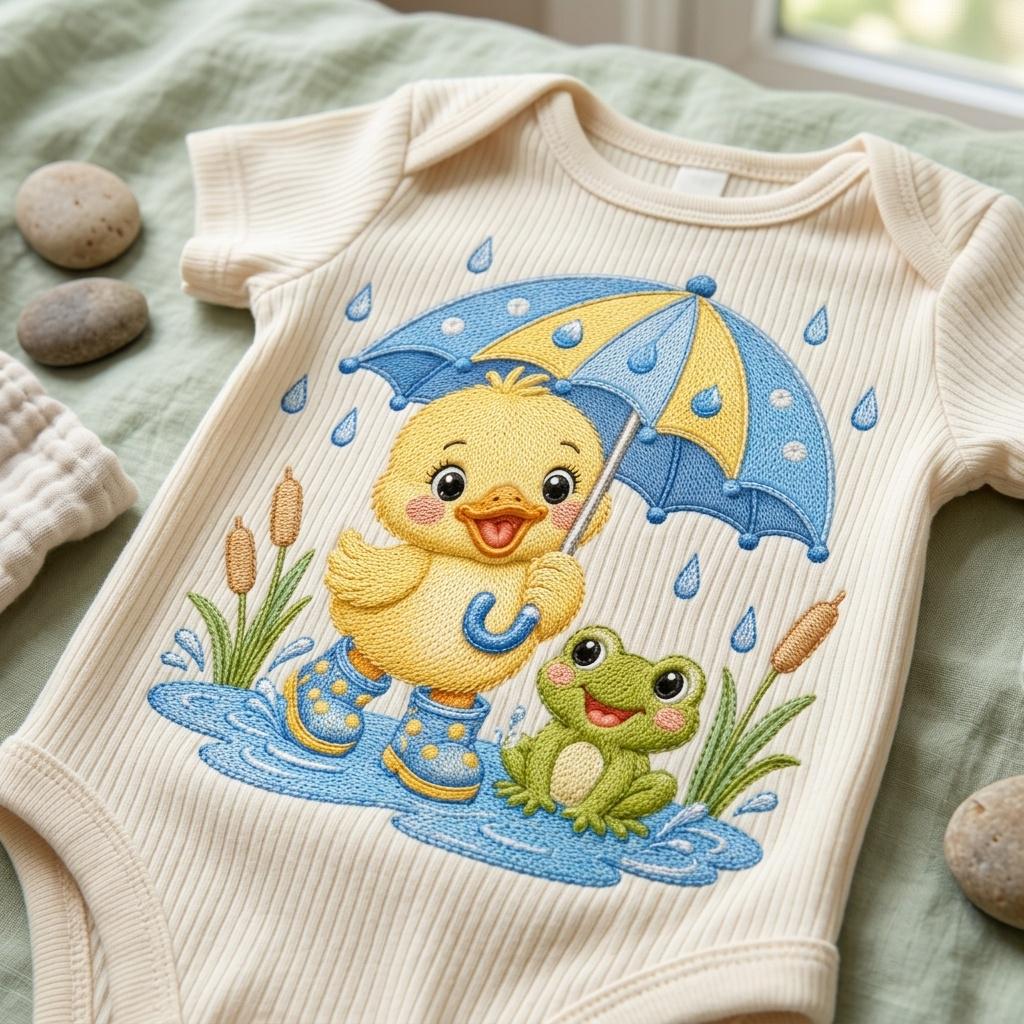 Cute Baby Duck Embroidery Design, Duckling with Umbrella and Frog, Rainy Day Nursery Animal Stitch File, 5 sizes, Digital Download - image 7