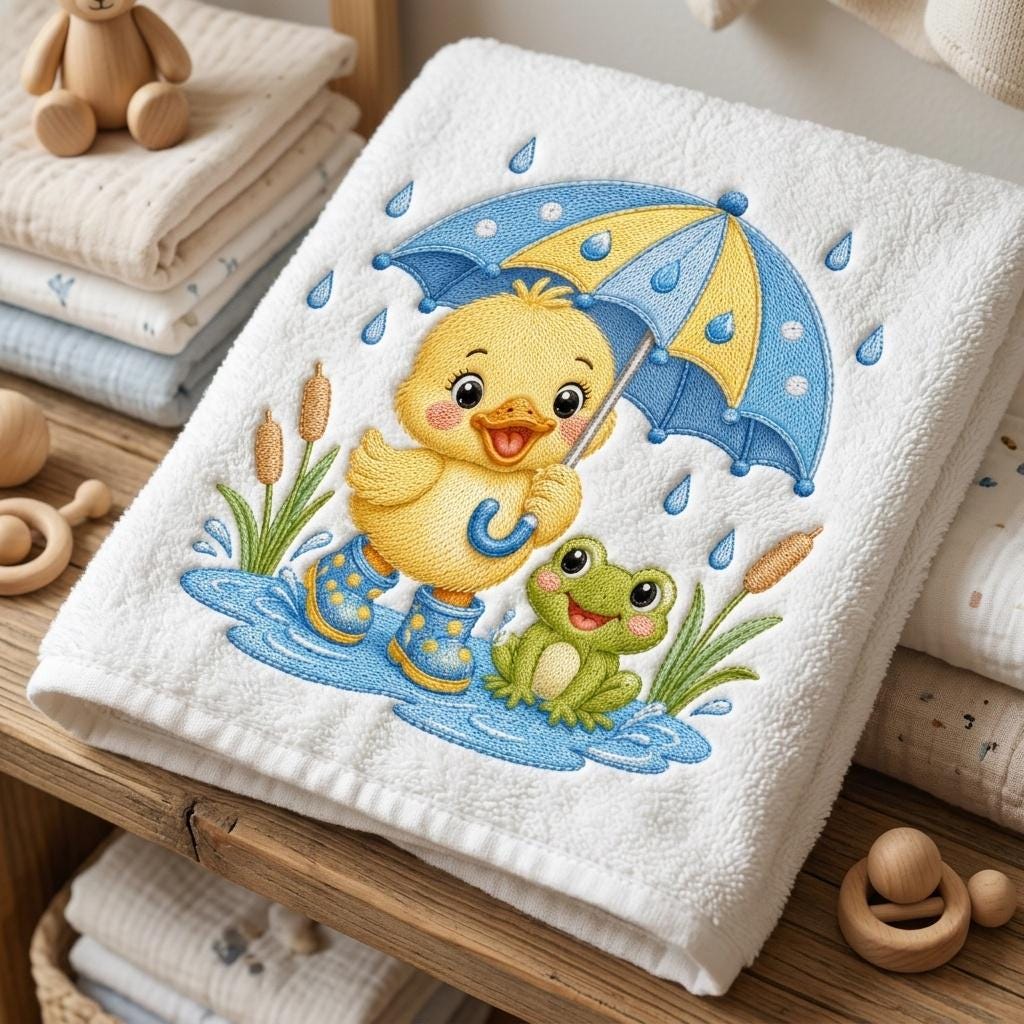 Cute Baby Duck Embroidery Design, Duckling with Umbrella and Frog, Rainy Day Nursery Animal Stitch File, 5 sizes, Digital Download - image 5