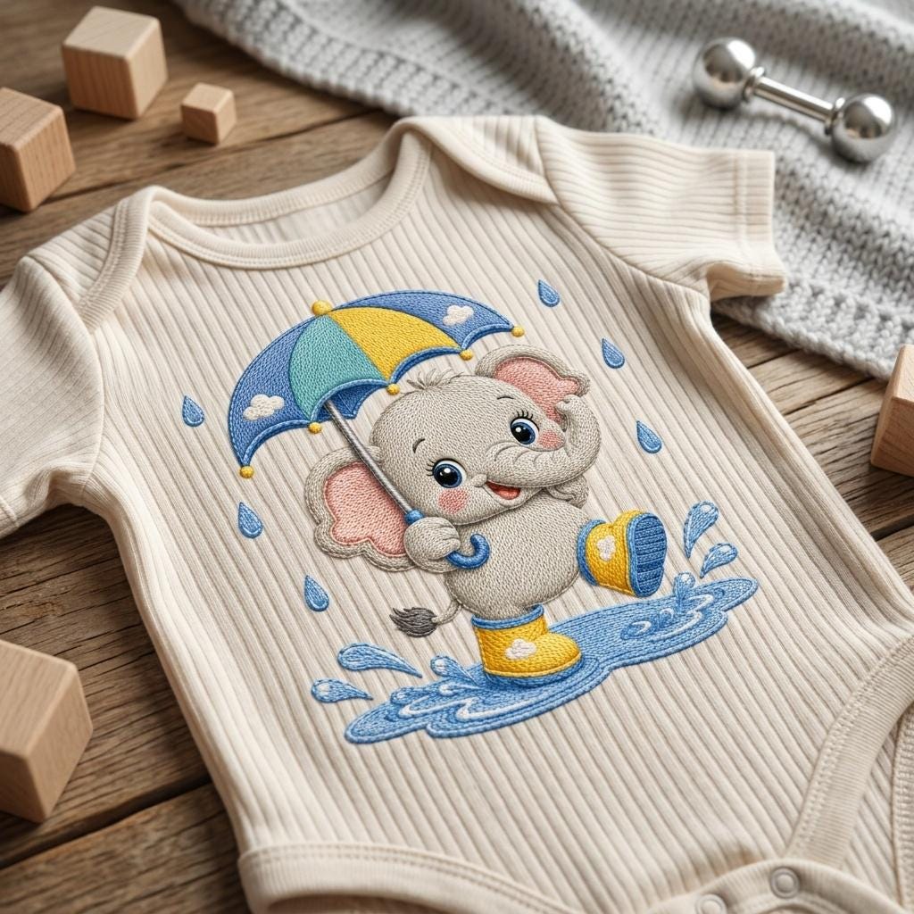 Cute Baby Elephant Embroidery Design, Elephant with Umbrella File, Rainy Day Elephant Stitch, Nursery Animal, 5 sizes, Digital Download - image 4