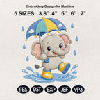 Cute Baby Elephant Embroidery Design, Elephant with Umbrella File, Rainy Day Elephant Stitch, Nursery Animal, 5 sizes, Digital Download