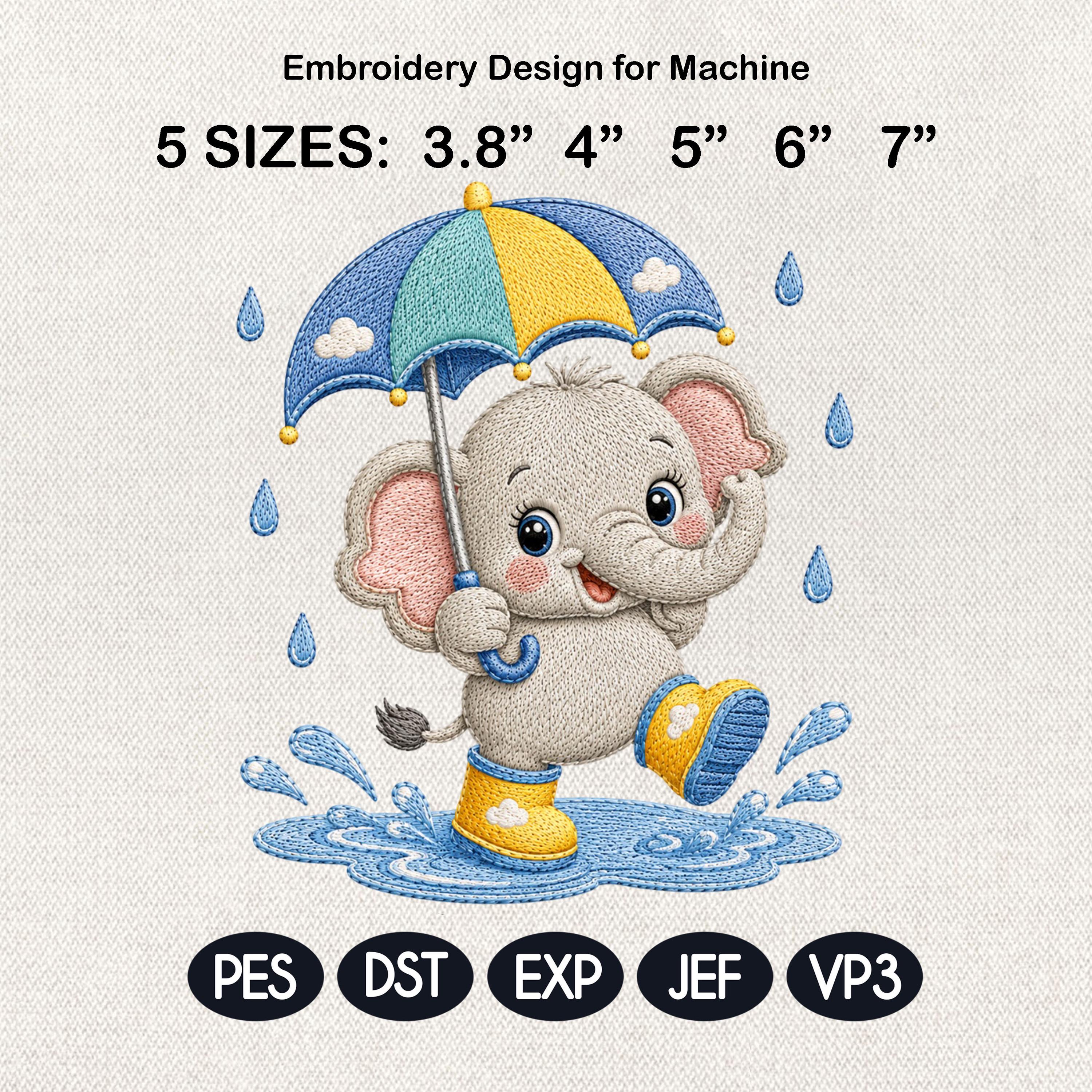 Cute Baby Elephant Embroidery Design, Elephant with Umbrella File, Rainy Day Elephant Stitch, Nursery Animal, 5 sizes, Digital Download