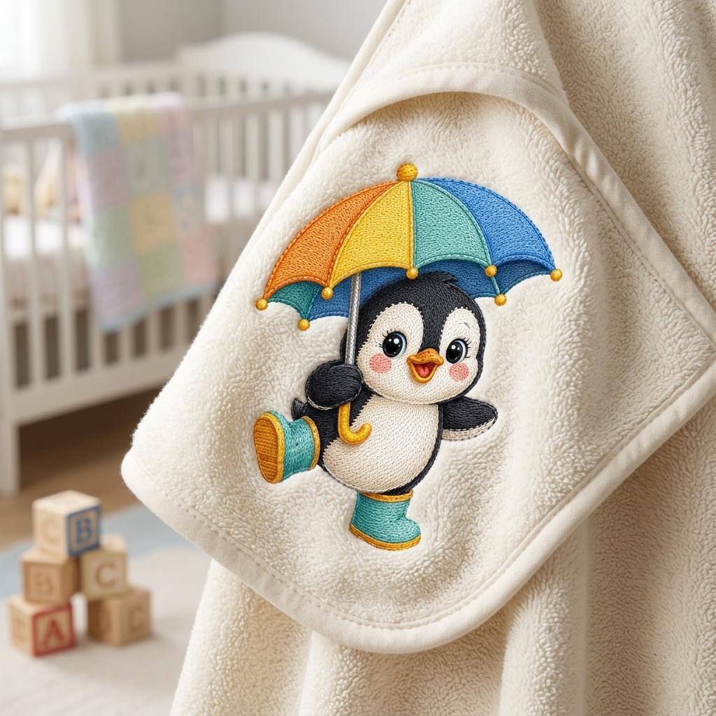 Cute Penguin Embroidery Design, Penguin with Umbrella File, Rainy Day Penguin Stitch, Nursery Animal Embroidery, 5 sizes, Digital Download - image 3