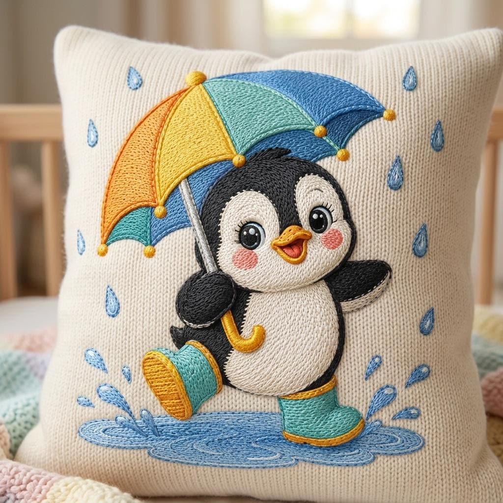 Cute Penguin Embroidery Design, Penguin with Umbrella File, Rainy Day Penguin Stitch, Nursery Animal Embroidery, 5 sizes, Digital Download - image 7
