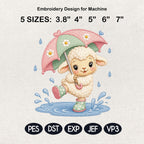 Cute Baby Sheep Embroidery Design, Sheep with Umbrella File, Rainy Day Lamb Stitch, Nursery Animal Embroidery, 5 sizes, Digital Download