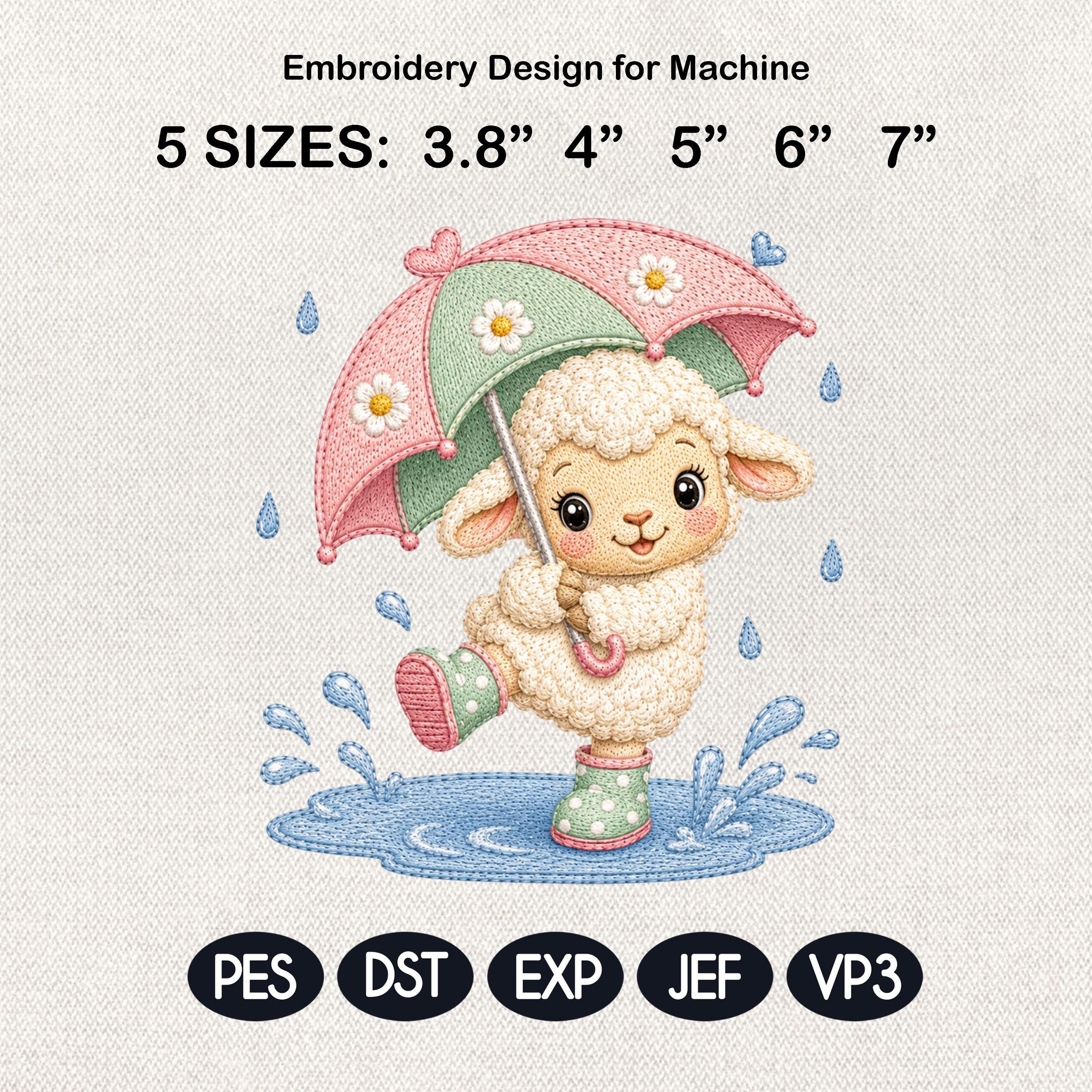 Cute Baby Sheep Embroidery Design, Sheep with Umbrella File, Rainy Day Lamb Stitch, Nursery Animal Embroidery, 5 sizes, Digital Download