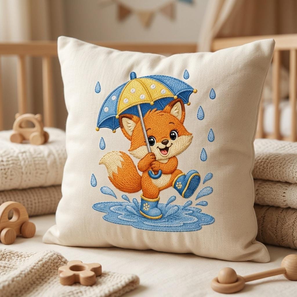 Cute Baby Fox Embroidery Design, Fox with Umbrella File, Rainy Day Fox Stitch Pattern, Nursery Animal Embroidery, 5 sizes, Digital Download - image 4