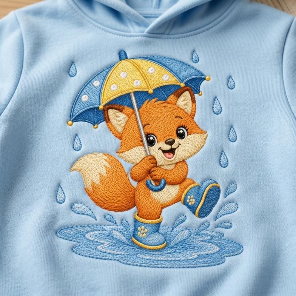Cute Baby Fox Embroidery Design, Fox with Umbrella File, Rainy Day Fox Stitch Pattern, Nursery Animal Embroidery, 5 sizes, Digital Download - image 5