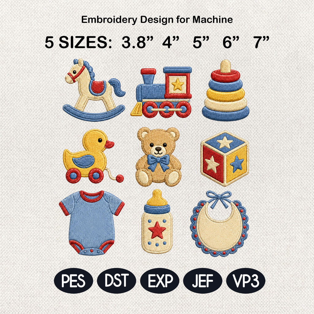 Baby Toys Embroidery Design Bundle, Cute Nursery Toy Embroidery, 9 Mini Baby Icons Pack, Baby Shower Embroidery, 5 sizes, Digital Download