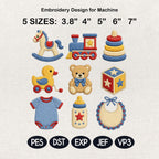 Baby Toys Embroidery Design Bundle, Cute Nursery Toy Embroidery, 9 Mini Baby Icons Pack, Baby Shower Embroidery, 5 sizes, Digital Download