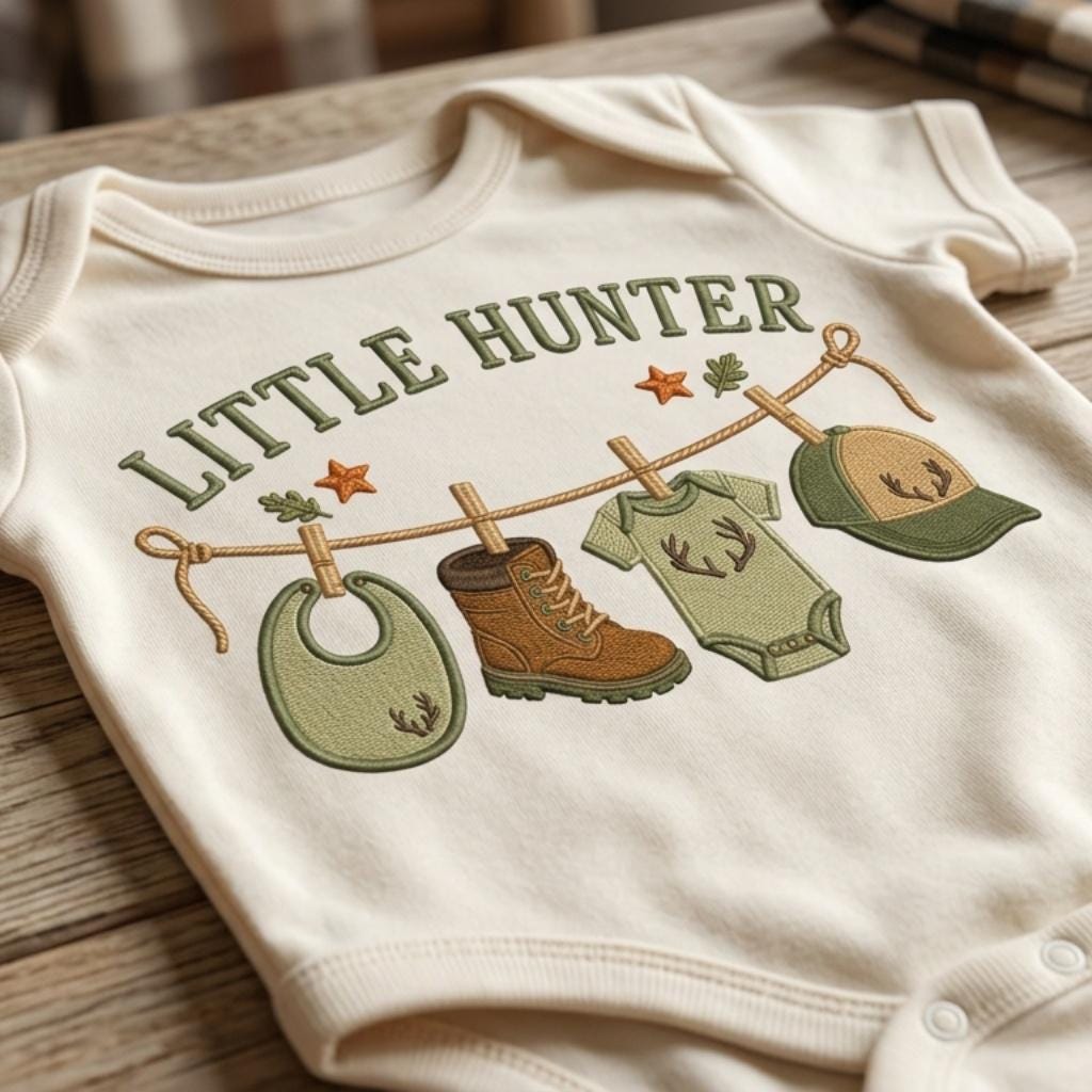 Little Hunter Machine Embroidery Design, Hunting Baby Clothesline Embroidery File, Woodland Baby Shower Decor, 5 sizes, Digital Download - image 4