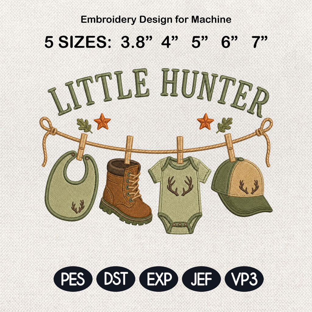 Little Hunter Machine Embroidery Design, Hunting Baby Clothesline Embroidery File, Woodland Baby Shower Decor, 5 sizes, Digital Download