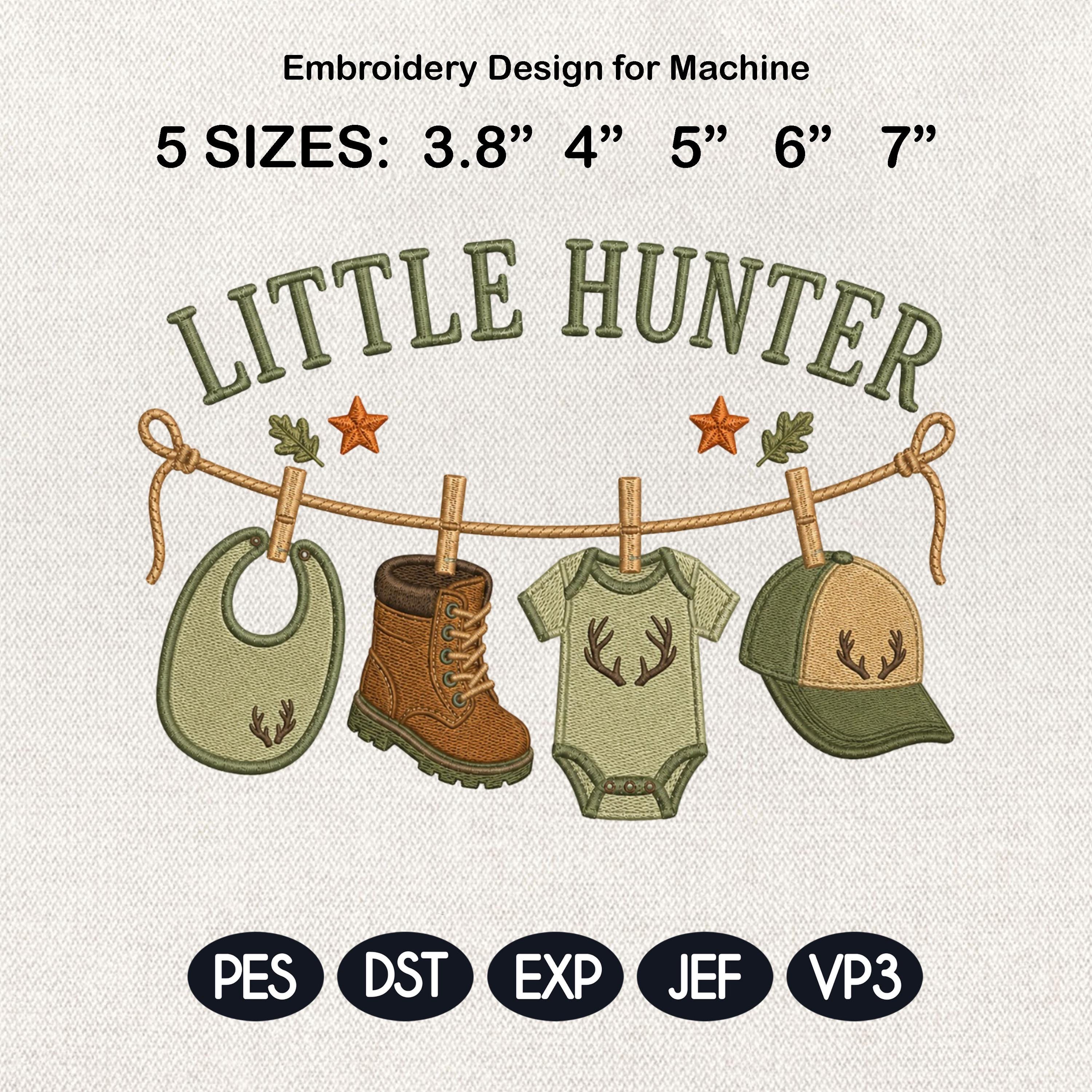Little Hunter Machine Embroidery Design, Hunting Baby Clothesline Embroidery File, Woodland Baby Shower Decor, 5 sizes, Digital Download
